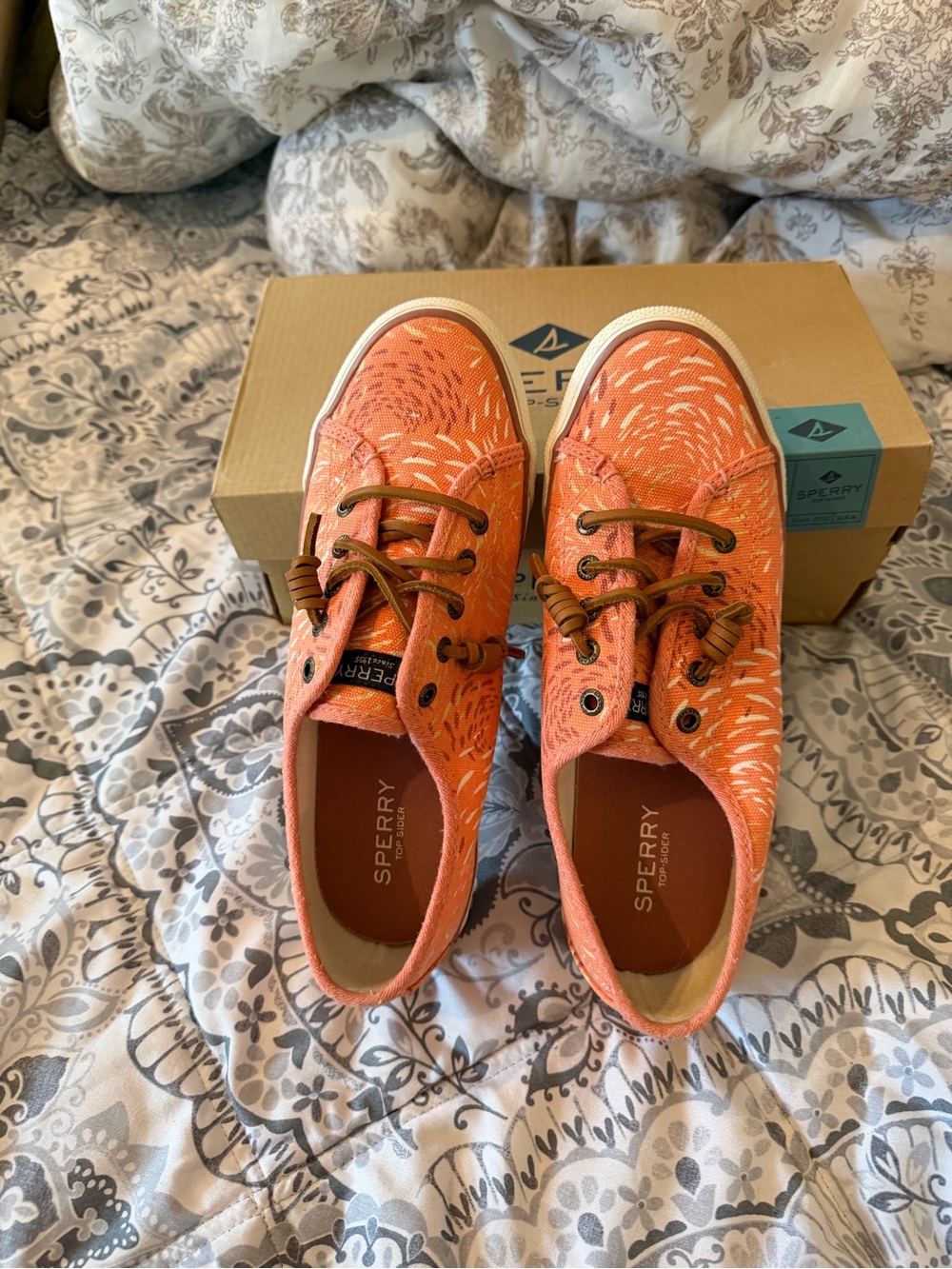 Sperry Kids Coral Orange Canvas Boat Sneakers with White Print